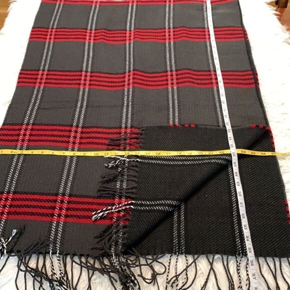 BLANKET Plaid Scarf fringed red/black/gray reversible - Picture 5 of 5